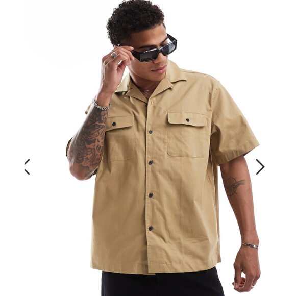 Selected Homme, Boxy Oversized Camp Collar Shirt With Pockets In Beige, Size XS - Picture 1 of 4
